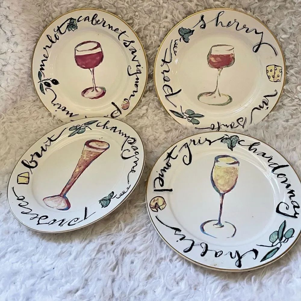 Rosanna Art Set of 4 Brunch, Appetizer ,Wine Cheese Whimsical Hand Drawn plates